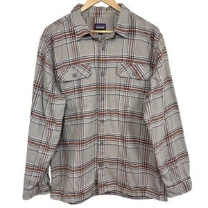 Patagonia Fjord Organic Cotton Plaid Flannel Shirt Tan Brown Blue L Gorpcore